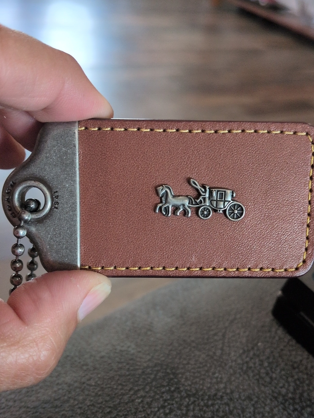 Coach 1941 Hang Tag Brown Leather Keychain with Horse & Carriage Metal Emblem